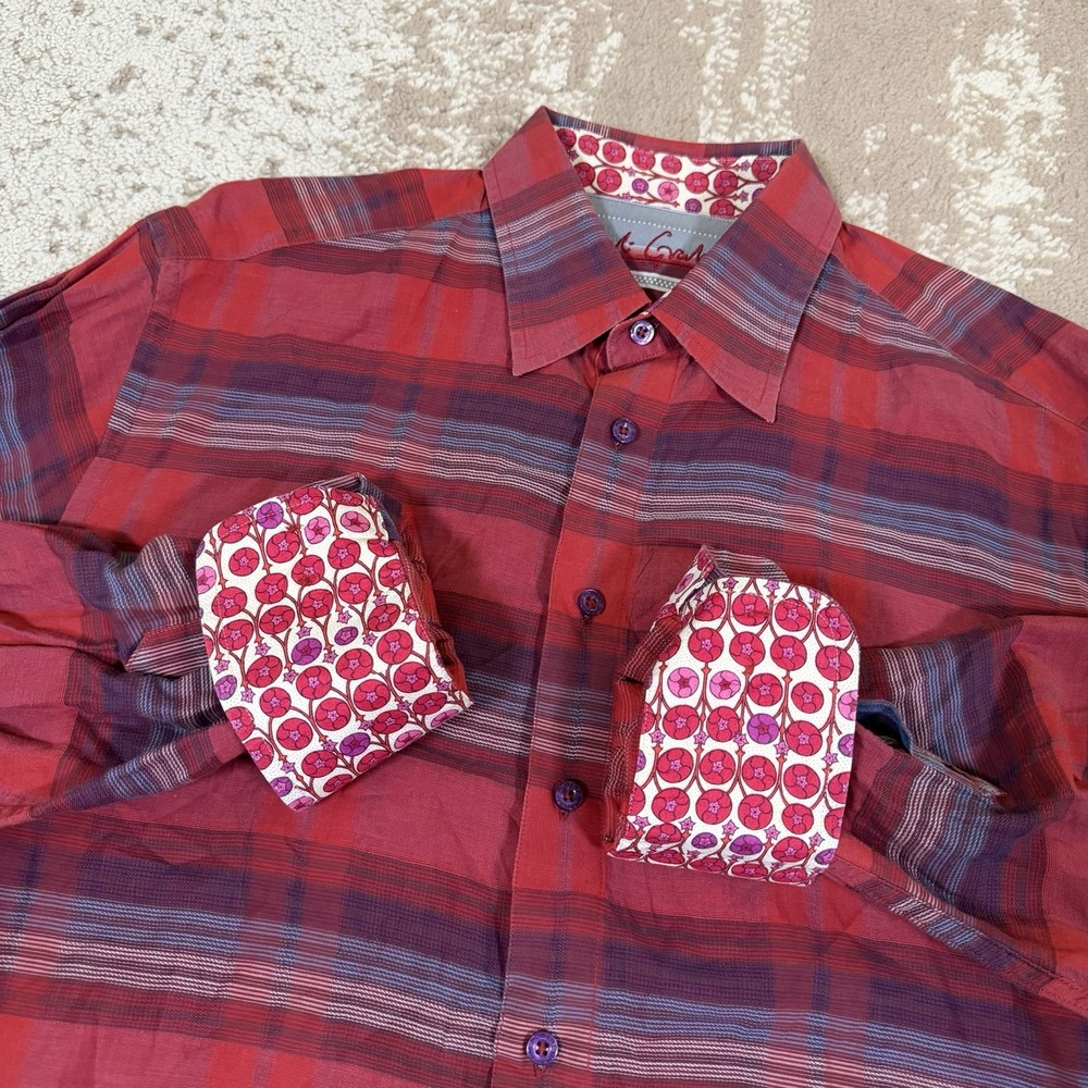 Robert Graham Shirt Men's Long Sleeve Red Plaid Flip Cuff Floral Geometric